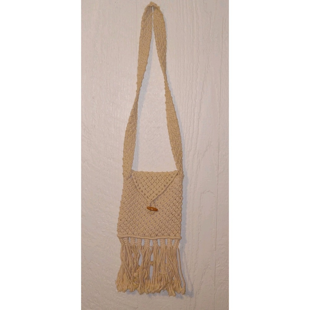 Macrame Crossbody Bag Women OS Cream Boho Fringe Cotton Woven Toggle